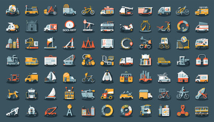 A comprehensive collection of diverse transport and industrial vehicle icons, presented in a grid on a dark background. © Tukujajan