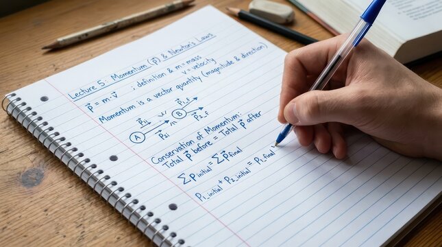 Student writing physics notes about momentum and conservation laws in spiral bound notebook.
