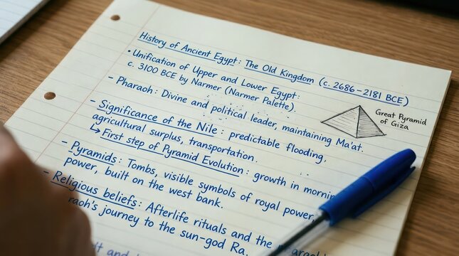 Handwritten history notes about ancient egypt old kingdom civilization on lined paper page.
