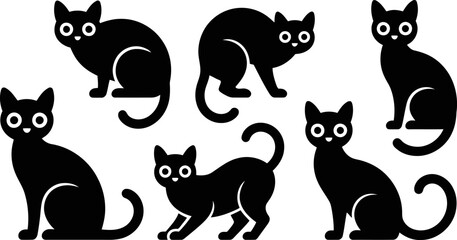 Cute cartoon black cats in various poses on white background © SAYEDAJANNATUL