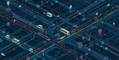 Isometric digital map of a smart city transportation network with vehicles and data flow visualization. © Tukujajan