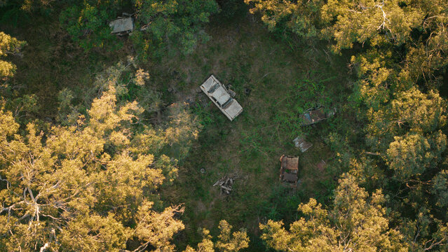 Aerial view of abandoned vintage cars scattered in a clearing surrounded by dense eucalyptus forest during golden hour in Beechwood, New South Wales, Australia.