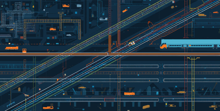 Overhead digital blueprint view of a futuristic city with intricate transportation networks, including highways, railways, and various vehicles.