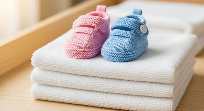 A stack of white folded towels with a pair of pink and blue baby booties