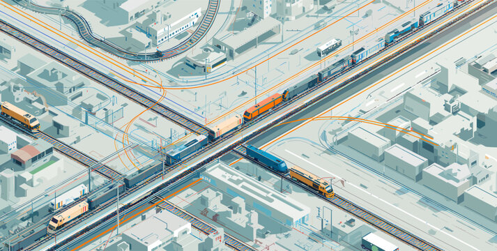 Isometric view of a modern city's complex rail and road transportation network with multiple trains and trucks, highlighted by orange digital pathways.