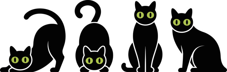 Four black cats with green eyes in different poses isolated on transparent background © SAYEDAJANNATUL