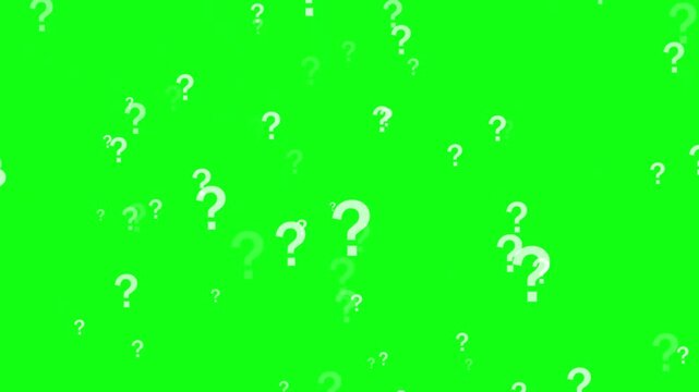 Digital animation featuring a question mark against a green background, a stream of passing question marks, abstract vector illustration, and concept art. 4K video.