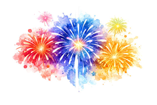 Premium Watercolor fireworks explosion with colorful paint splatters, festive celebration firework display, vibrant artistic party background isolated PNG with Transparent Background 4K