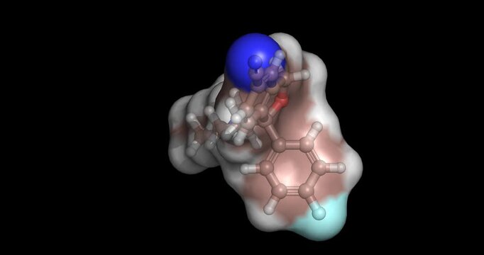 Escitalopram, serotonin reuptake inhibitor for major depressive disorder, 3D molecule 4K spinning