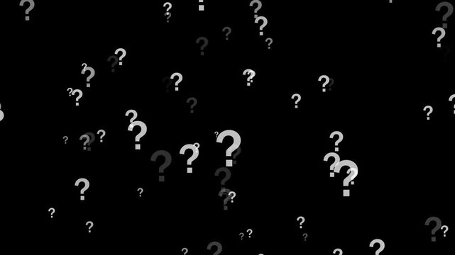Animation of a question mark moving forward, a small question mark growing bigger, a row of question marks, pattern concept, black background, 4k video