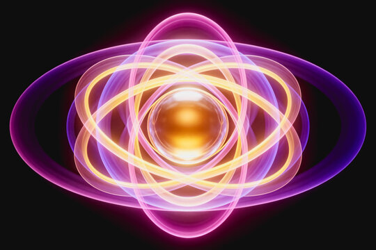 A stylized illustration of an atom showing glowing orbital electrons surrounding a central nucleus, representing atomic structure and quantum physics.