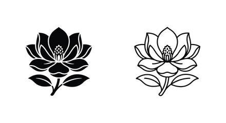 Fototapeta premium Black and white magnolia flower icons set Vector