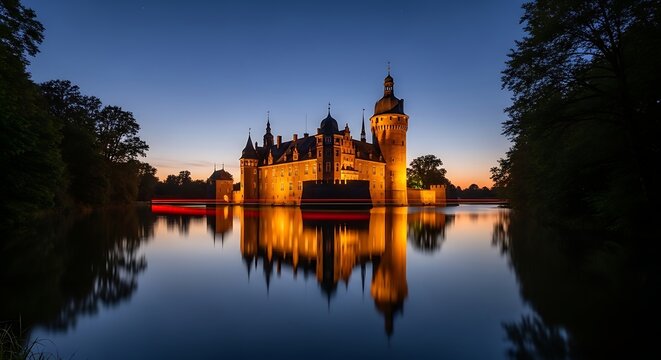 Illuminated Medieval Castle Reflected in Calm Lake at Twilight