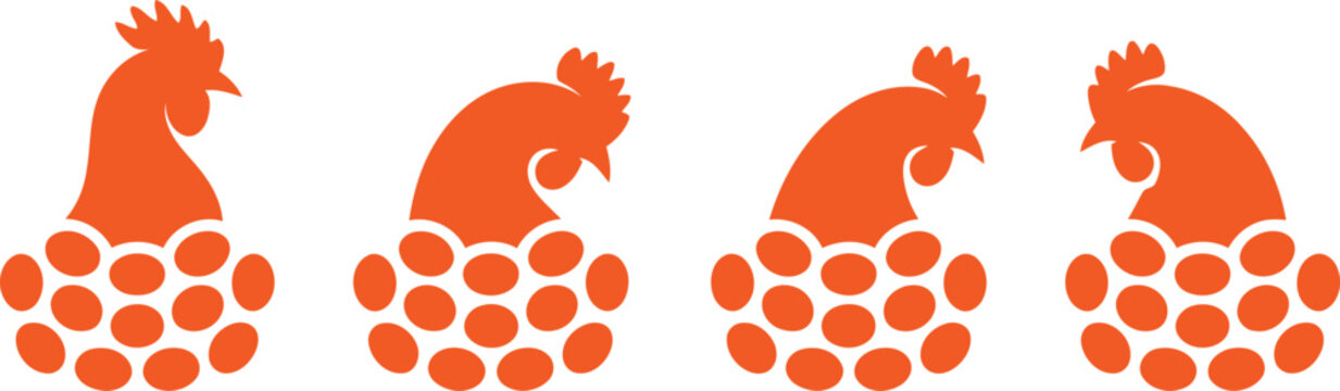 Orange rooster chicken head icons with eggs  simple graphic illustrations