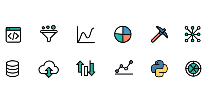 Data Science Analytics Database and Visualization Color Icons Set Vector Illustration