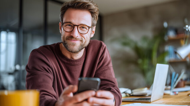 Investidor financeiro trabalhando dentro do escrit&oacute;rio , empres&aacute;rio usa seu telefone ao lado do computador e sorri com as boas not&iacute;cias do se smartphone sobre seus investimentos.