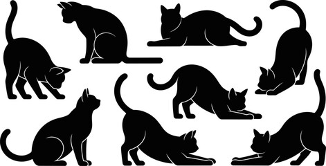 Set of black cat silhouettes in various poses and movements on white background © SAYEDAJANNATUL