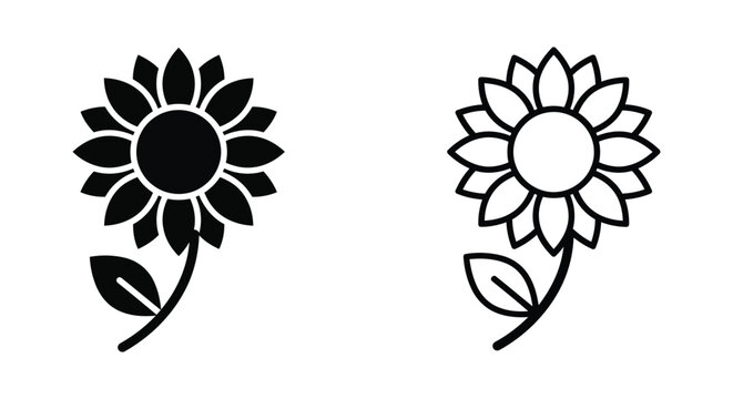 Black and white sunflower flower icons set with solid and outline graphic styles Vector