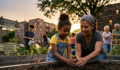 Woman and child planting in community garden at sunset