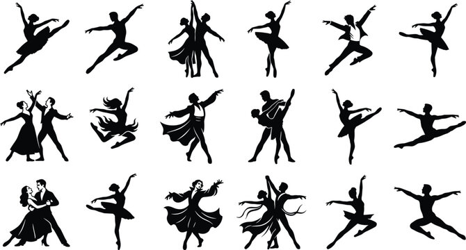 WebGraceful ballet and ballroom dancers silhouette vector icon set featuring elegant couples and solo performers posing
