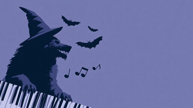 Minimal Halloween purple silhouette werewolf wearing witch hat playing piano keyboard with flying bats and musical notes, Halloween music decorative backdrop