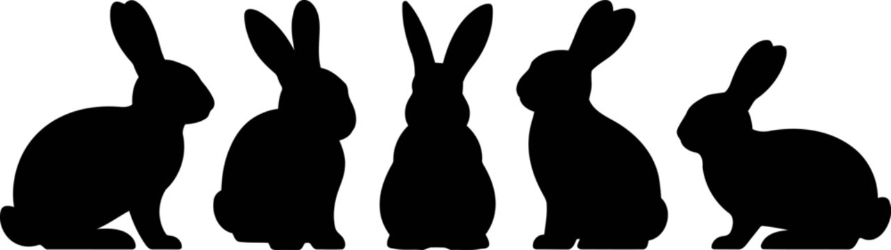 Silhouettes of five rabbits in different sitting positions facing right isolated on transparent background
