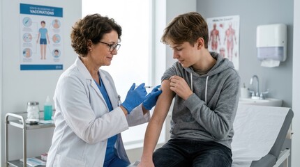 Fototapeta premium A female doctor is administering a vaccination to a teenage boy in a medical office. The doctor, wearing a white coat and gloves, is carefully injecting the boy's upper arm.