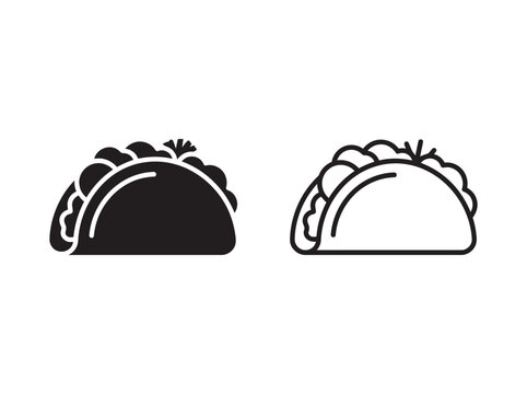 Black and white taco food icons set showing solid and outline vector styles Vector