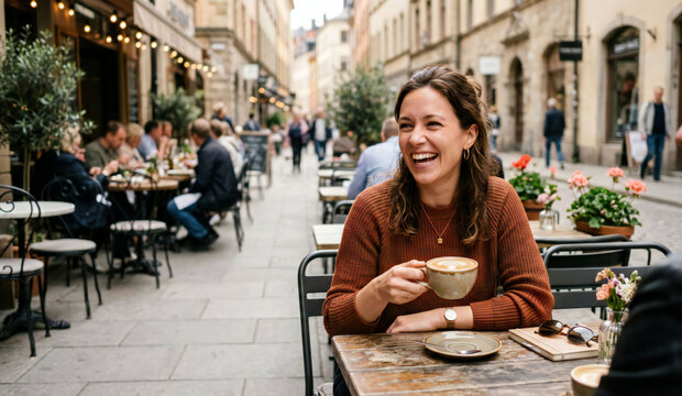 Happy woman drinking coffee at an outdoor cafe table on a busy European city street in daylight