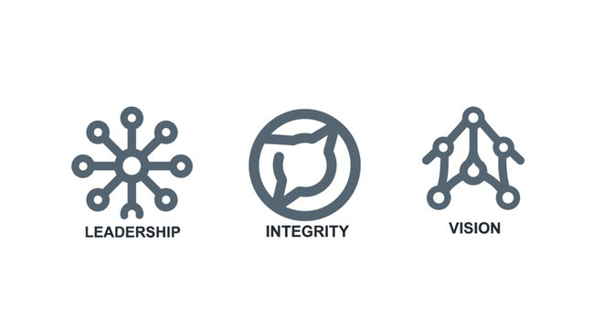 Abstract icons representing leadership integrity and vision concepts.
