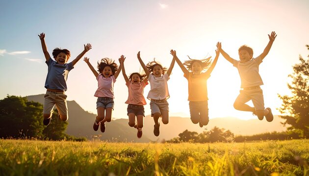 Joyful children jumping in sunlit field celebrating outdoor fun and freedom