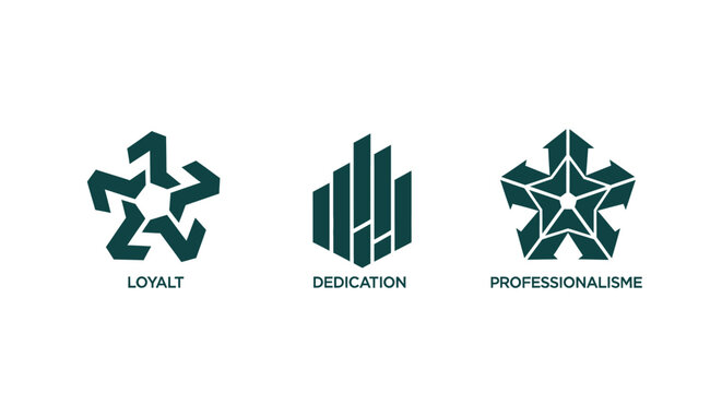 Three green icons representing loyalty dedication professionalism.