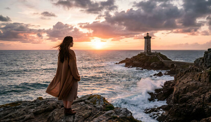 Woman standing on rocky coastline looking out at lighthouse during sunset