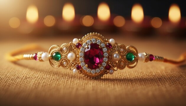 Vintage gold gemstone bracelet on wood table, ornate jewelry close-up with bokeh lights, luxury accessory detail