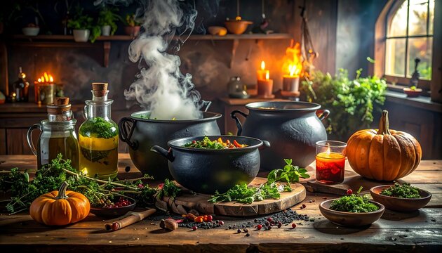 A rustic kitchen scene with steaming pots and various vegetables