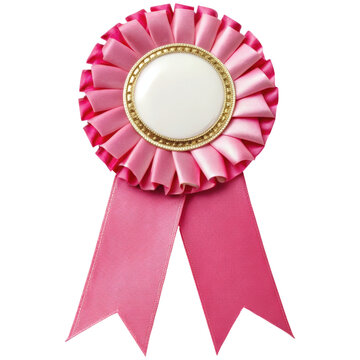 Pink Rosette Ribbon Award Badge with Gold Center Isolated on White Background