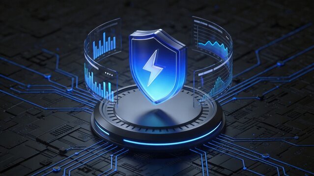 Transparent cybersecurity shield with analytics dashboard on futuristic circuit board, idea for cyber defense, network security, threat monitoring, enterprise protection and secure digital systems