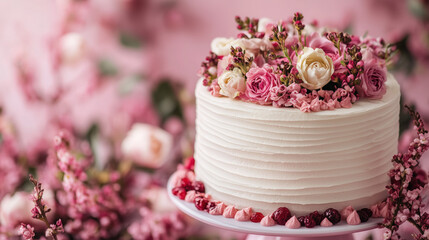 Fototapeta premium Elegant Floral Buttercream Cake Surrounded by Fresh Pink Roses