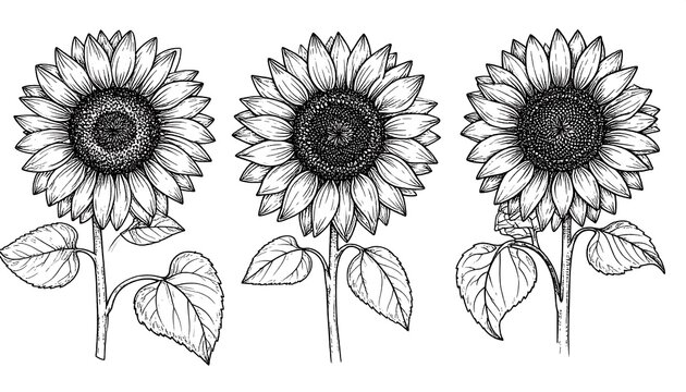 Three detailed line drawings of sunflowers