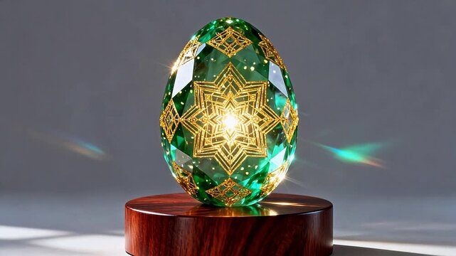 Green crystal egg with golden patterns