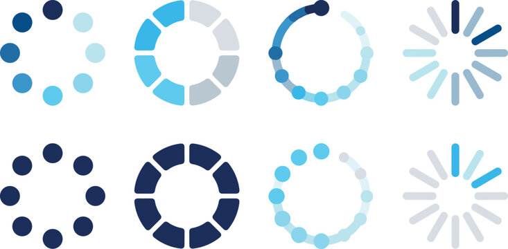 Circular progress bar loading wheel icon set featuring blue download buffer status preloader animations,