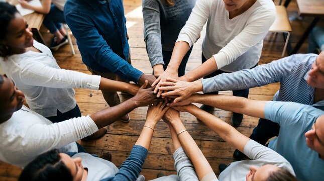 Diverse group of colleagues celebrating success with hands stacked in a circle teamwork and unity concept