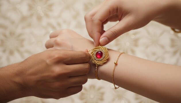 Traditional rakhi bracelet tied on wrist, close up hands ritual. Gold and red raksha bandhan thread jewelry detail