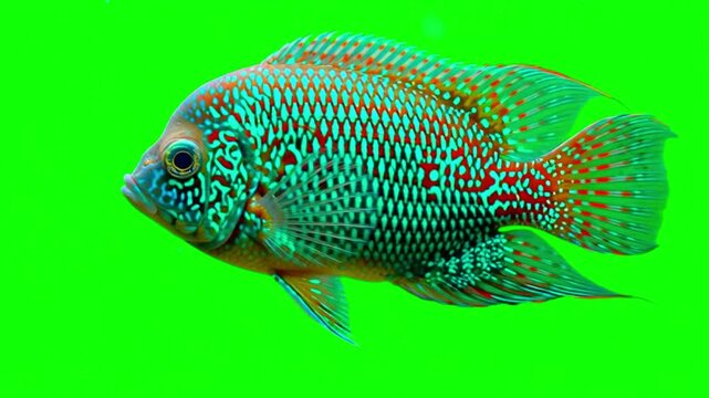 Vibrant Herichthys carpintis cichlid fish swimming isolated on a bright green screen chroma key background