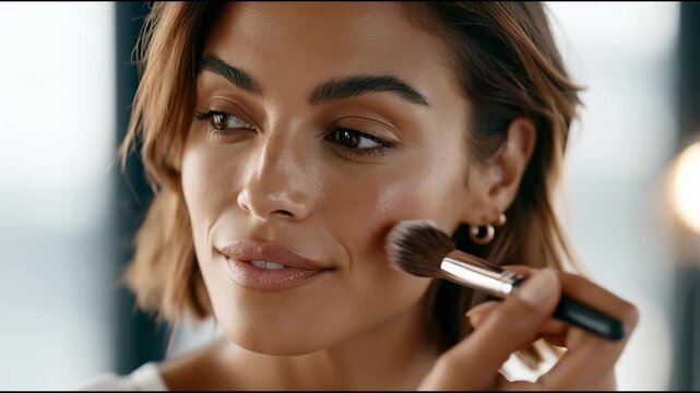 Professional makeup artist applying blush with a brush on a beautiful model's face, creating a perfect cheekbone contour for a radiant and glamorous look