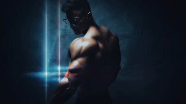 Muscular man poses with back to camera highlighting defined muscles. Dramatic lighting creates dynamic atmosphere in gym setting. Concept of fitness, bodybuilding, strength training