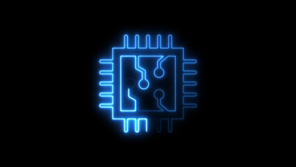 Blue neon glowing microchip on black background circuit © M.S