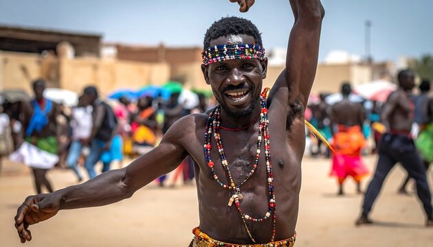 Man dancing in traditional attire outdoors with festive crowd background