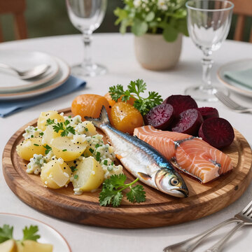 Fashion Illustration Potato Fish. Scandinavian Midsummer Feast Featuring Potato Salad, Herring, Salmon, And Beetroot