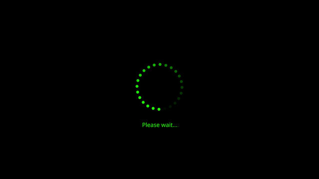 Green loading circle with please wait text on black background green dots loading animation